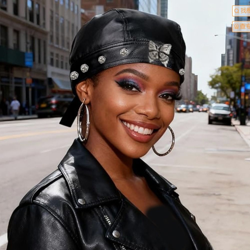 PU Leather Black Biker Cap Adj - Bandana Doo Rag avis et prix